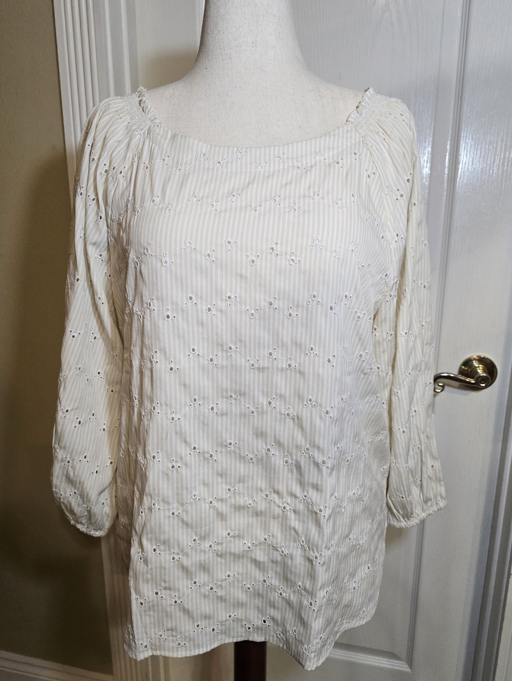 LOFT Cream Eyelet Striped Peasant LG Tunic